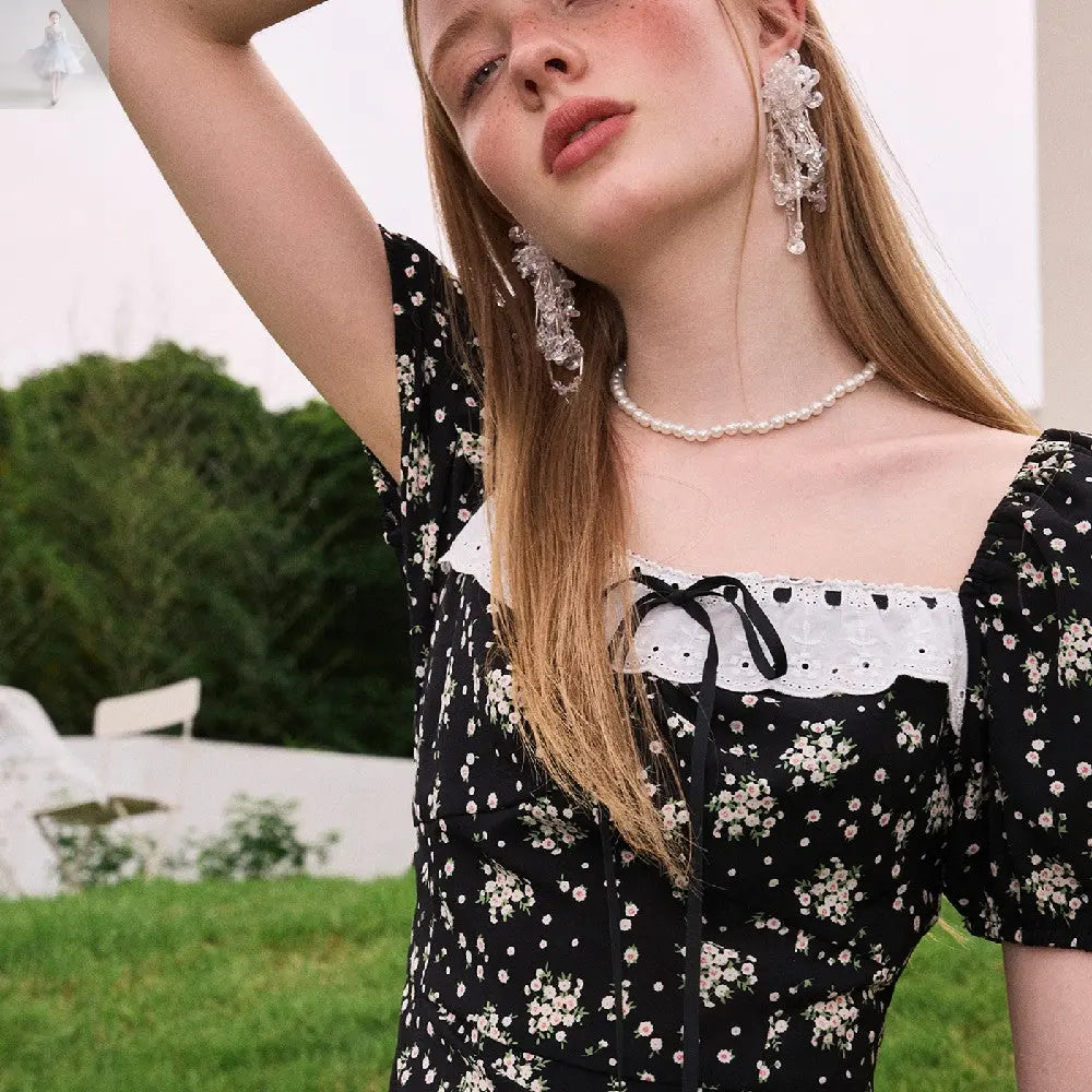 Black Floral Dress Summer French Slit  Black Floral Dress Summer French Slit Black Floral Dress Summer French Slit Black Floral Dress Summer French Slit Zenzi Style