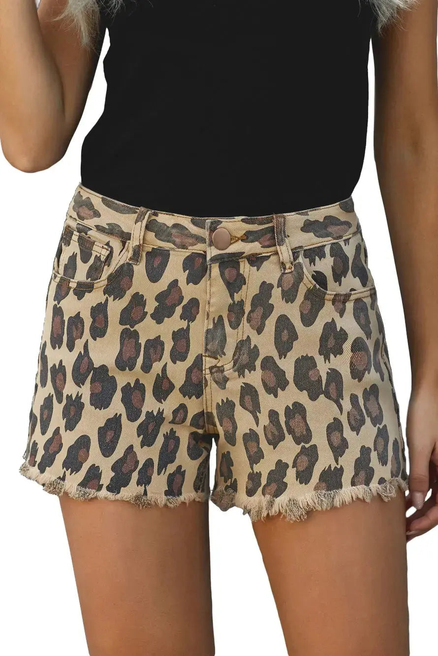 Brown Leopard Mid Waist Frayed Hemline Jean Shorts 