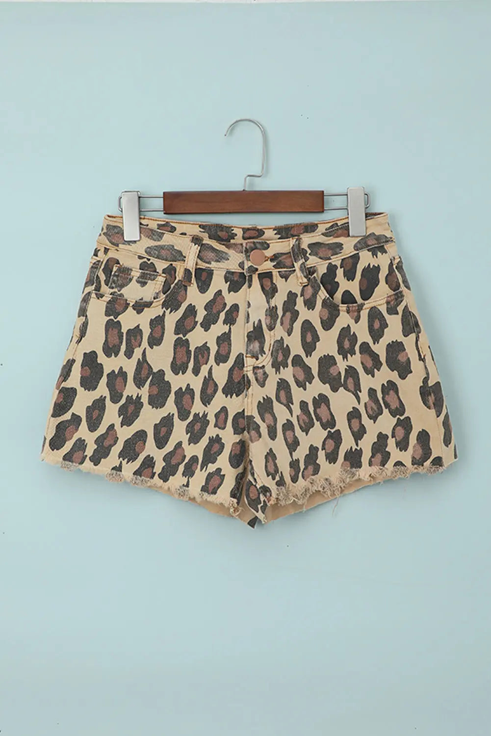 Brown Leopard Mid Waist Frayed Hemline Jean Shorts 