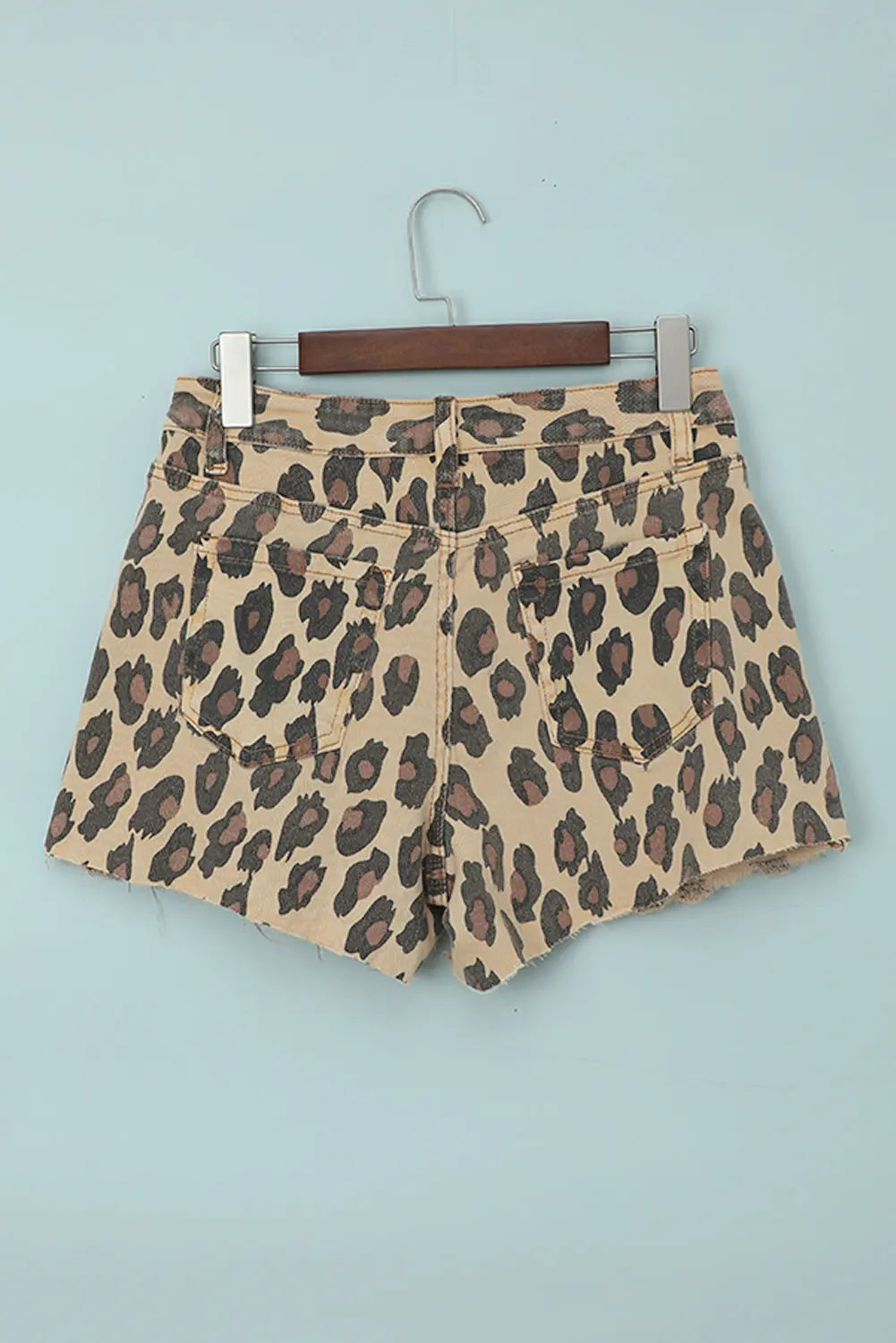 Brown Leopard Mid Waist Frayed Hemline Jean Shorts 