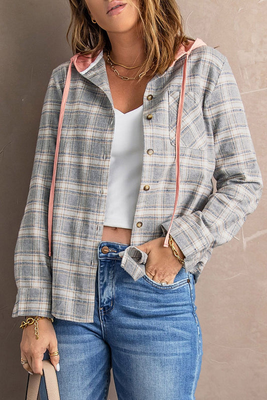 Khaki Plaid Hooded Shirt Coat