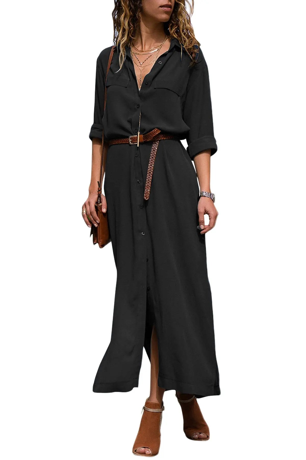 Casual Black Slit Maxi Shirt Dress with Sash 