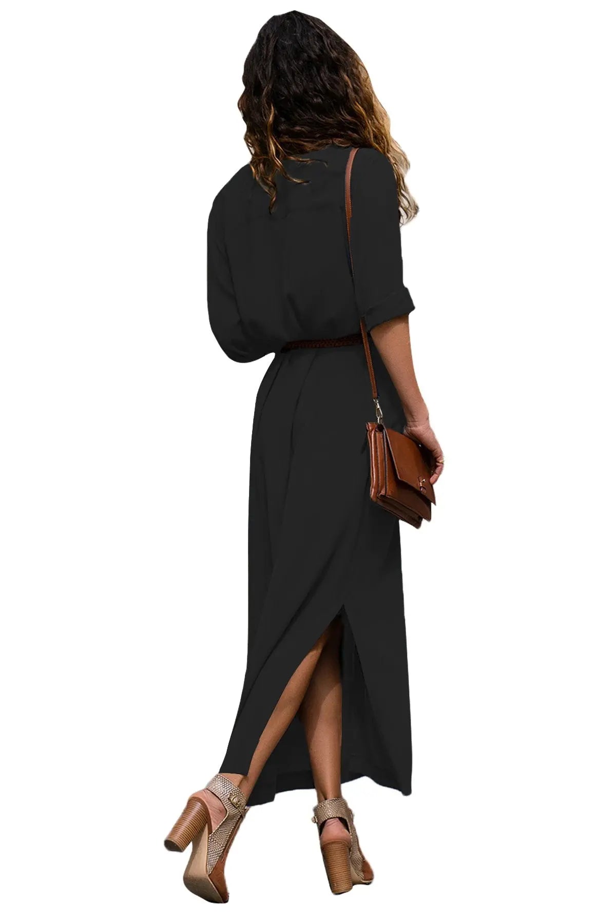 Casual Black Slit Maxi Shirt Dress with Sash 