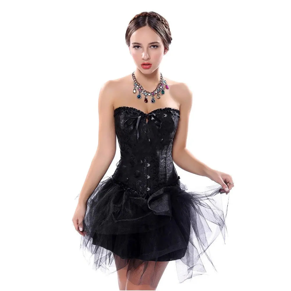 Elegant black jacquard corset mini dress with tulle skirt for women