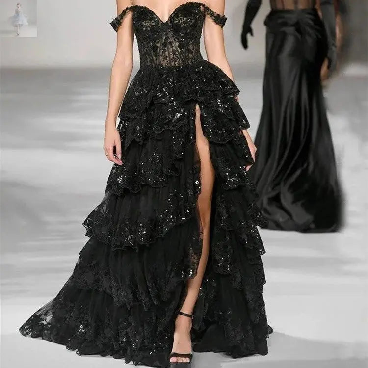 French Black Satin Banquet Party Dress  French Black Satin Banquet Party Dress French Black Satin Banquet Party Dress French Black Satin Banquet Party Dress Zenzi Style