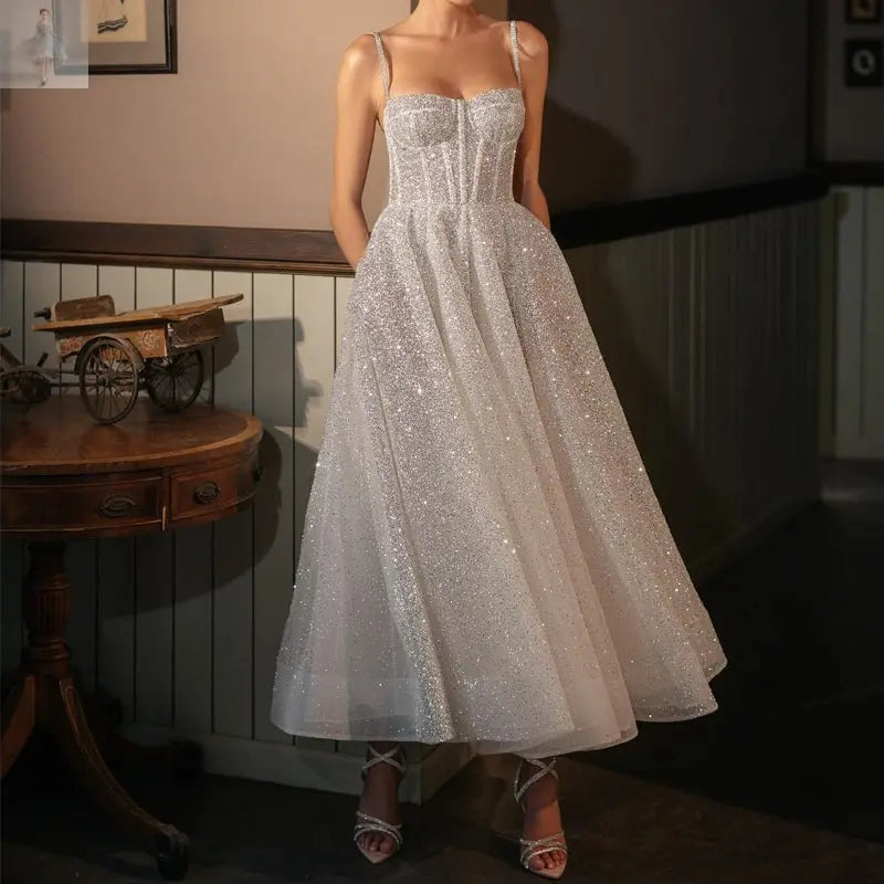 Halter Spray Silver Shiny Party Dress - Zenzi Style Halter Spray Silver Shiny Party Dress