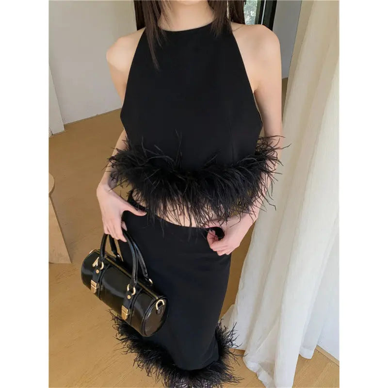 Halter Knitted Vest Women's Top Sheath Skirt Suit 