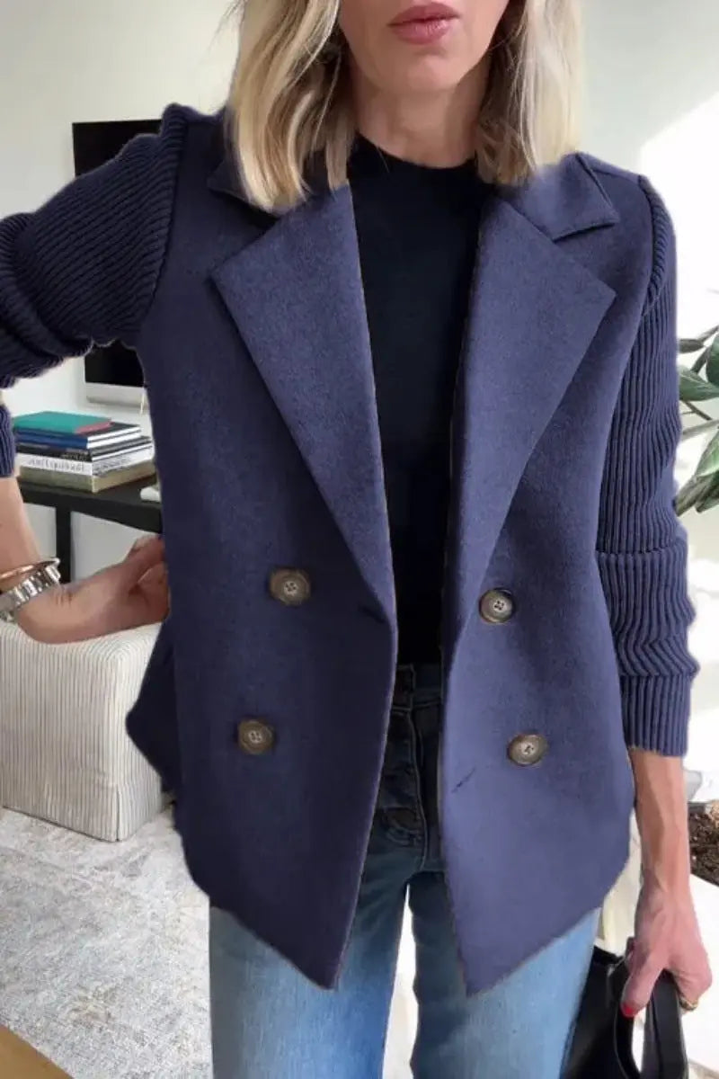 Double Breasted Lapel Jacket Fashion Knitted Sleeves Splicing Design Coat Outerwear Women's Clothing 
