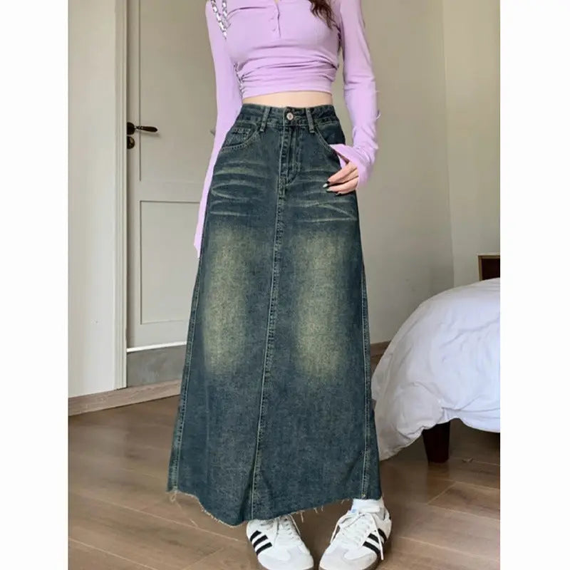 Retro High Waist Raw Hem Denim Skirt 