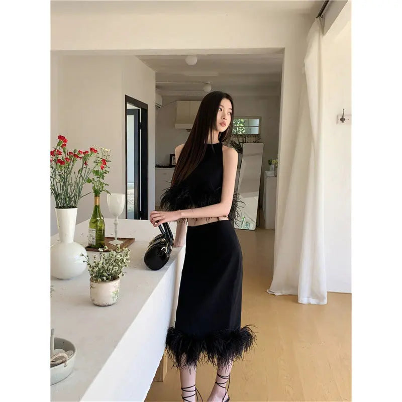 Halter Knitted Vest Women's Top Sheath Skirt Suit 