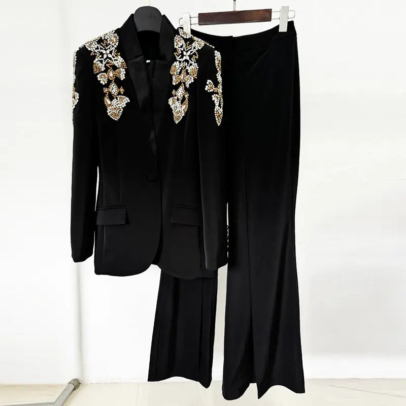 Exquisite Rhinestone Beaded Stand Collar Blazer Split Trousers Suit 