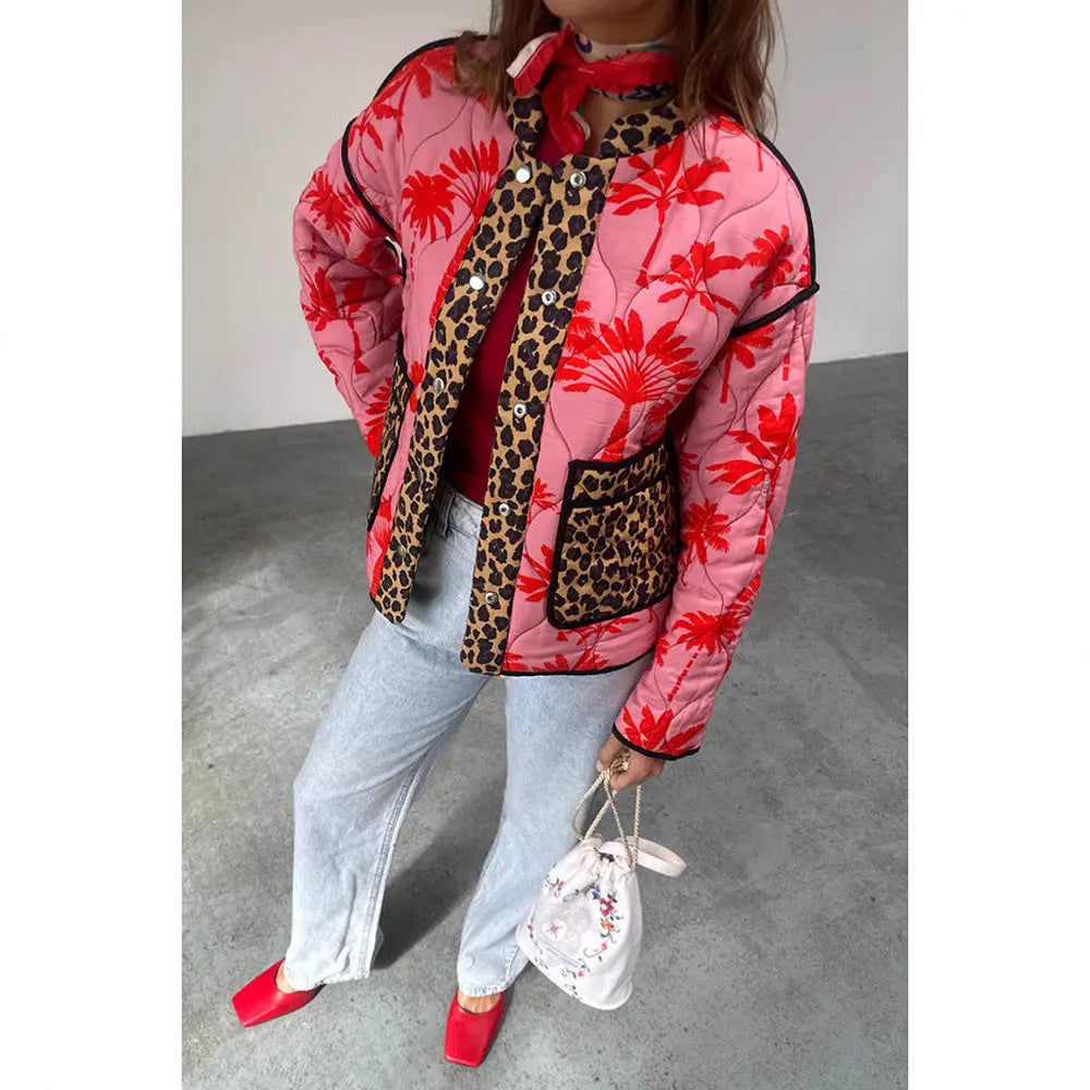 Stitching Printing Women's Cotton-padded Clothes Cotton Clothing Long Sleeve Stand Collar Fashion Personality 