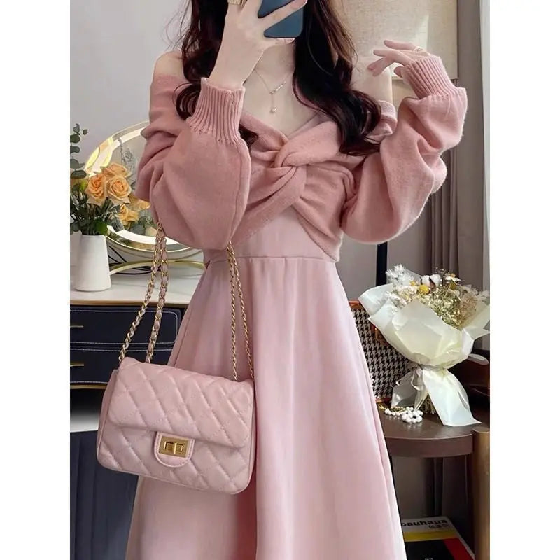 Women's Autumn Sweater Knitted Sling Dress 