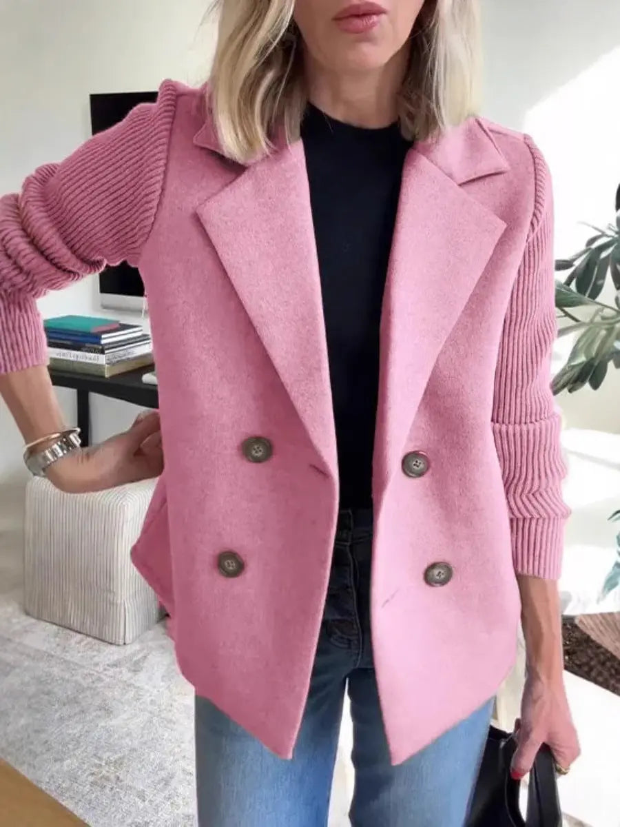 Double Breasted Lapel Jacket Fashion Knitted Sleeves Splicing Design Coat Outerwear Women's Clothing 