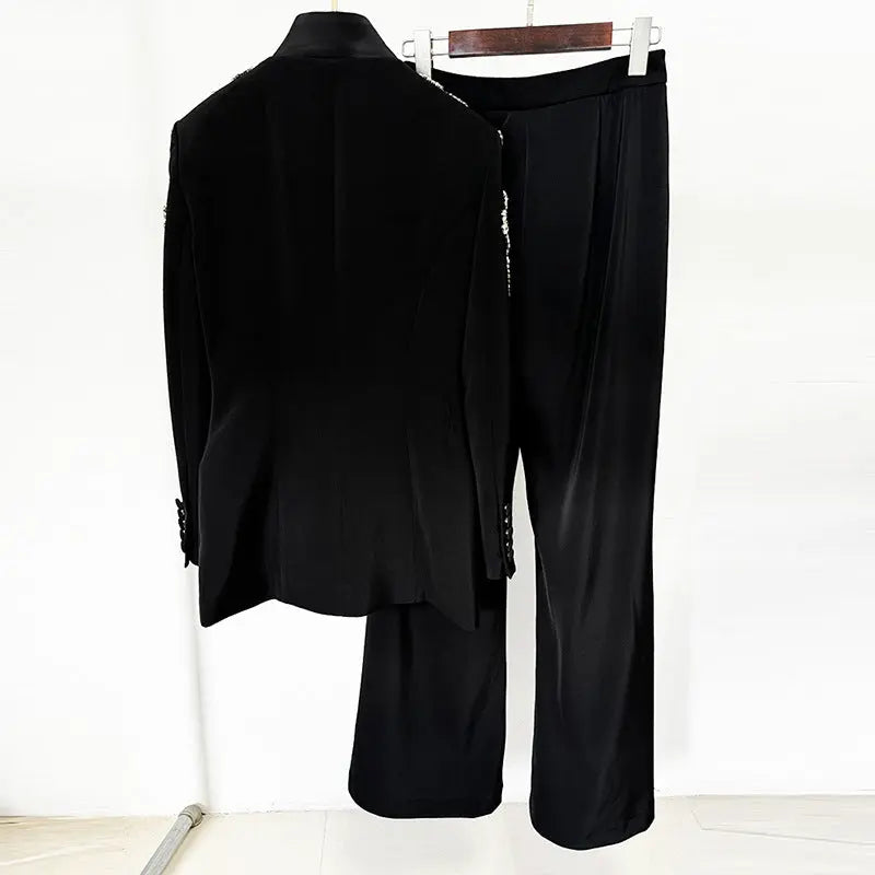 Exquisite Rhinestone Beaded Stand Collar Blazer Split Trousers Suit 