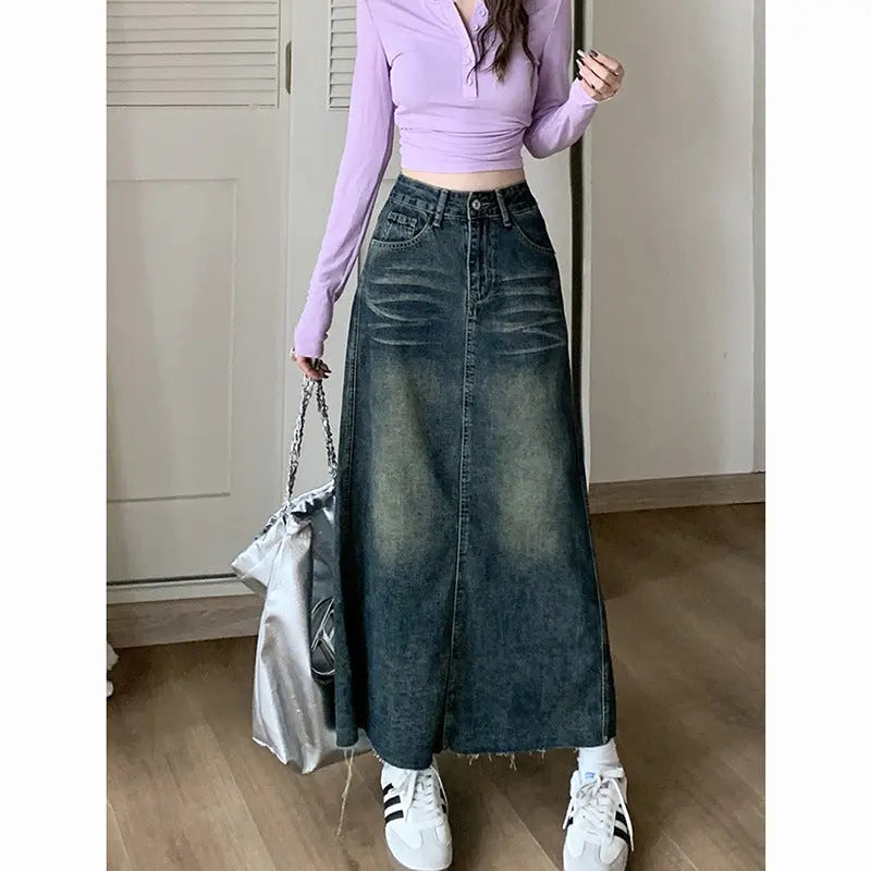 Retro High Waist Raw Hem Denim Skirt 