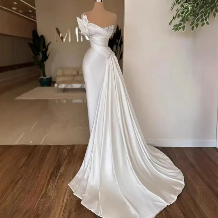 White Graceful Satin Simple Lightweight Wedding Dress Long Dress 