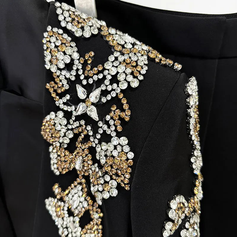 Exquisite Rhinestone Beaded Stand Collar Blazer Split Trousers Suit 