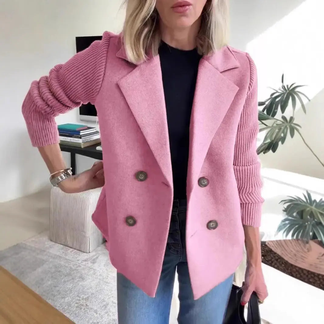 Double Breasted Lapel Jacket Fashion Knitted Sleeves Splicing Design Coat Outerwear Women's Clothing 