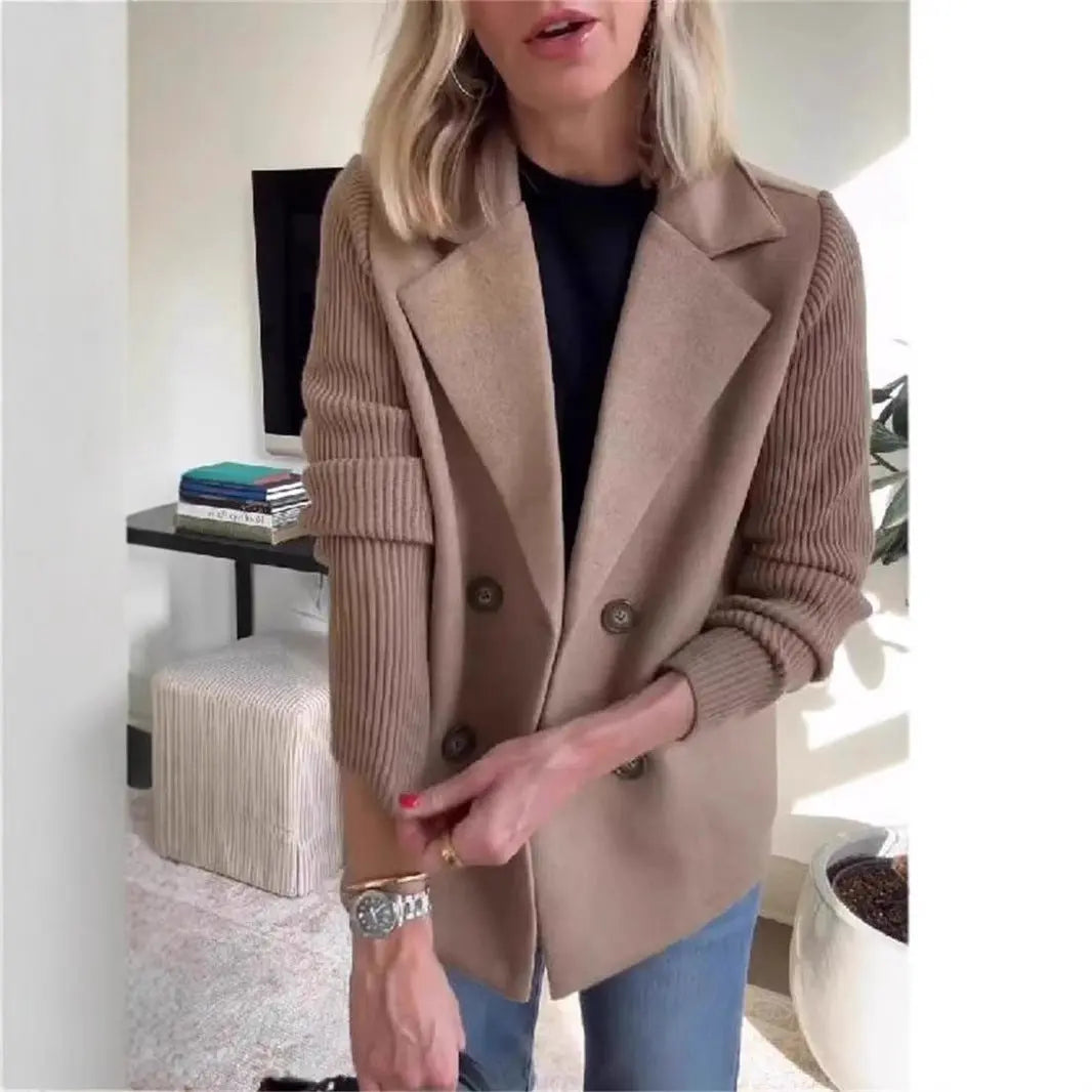 Double Breasted Lapel Jacket Fashion Knitted Sleeves Splicing Design Coat Outerwear Women's Clothing 