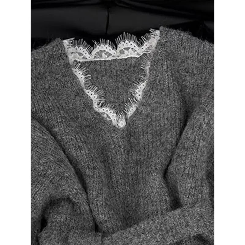 Patchwork Fake Two Pieces Pullover Gray Top 