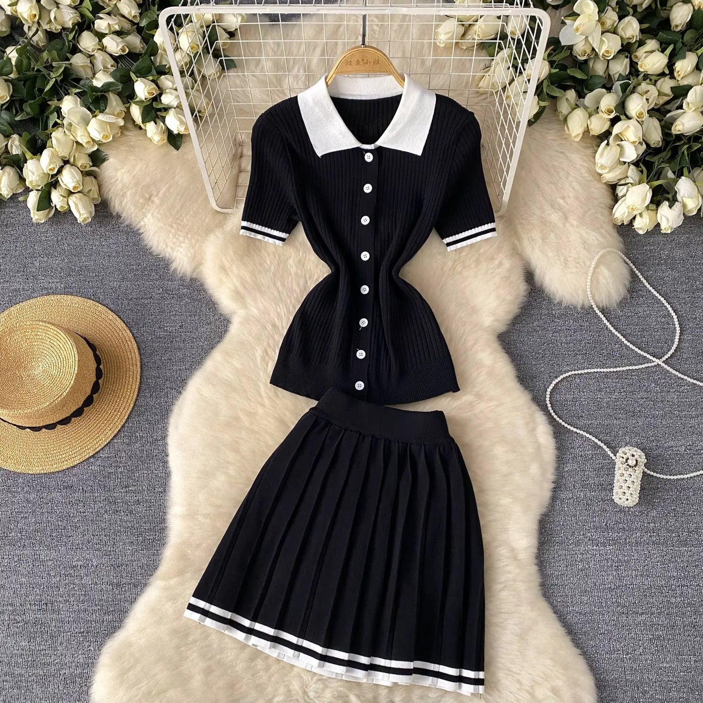Short Sleeve Shirt Top High Waist Slimming Pleated Skirt Two-piece Set 