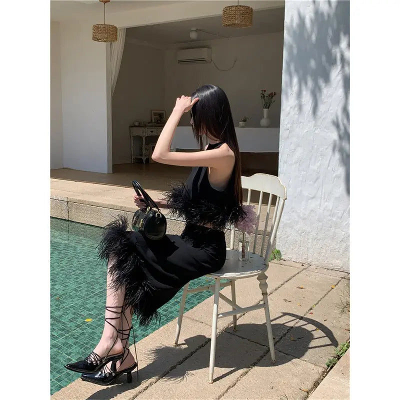 Halter Knitted Vest Women's Top Sheath Skirt Suit 