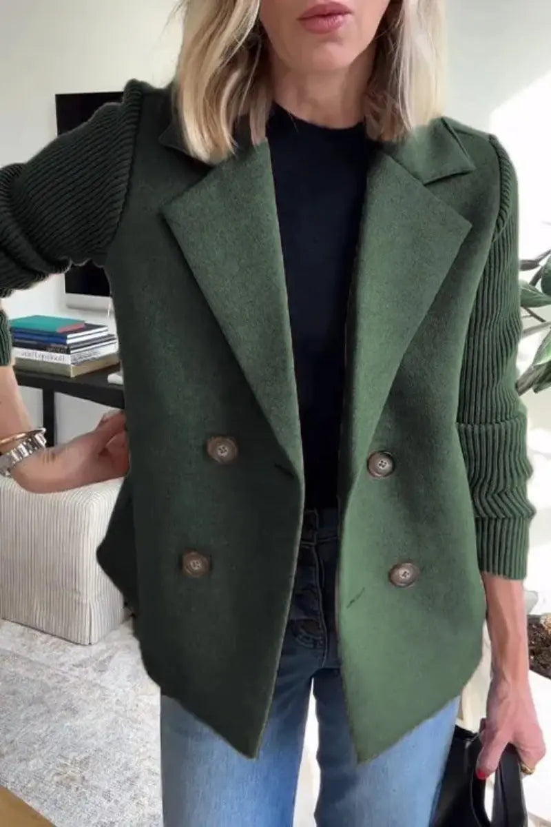 Double Breasted Lapel Jacket Fashion Knitted Sleeves Splicing Design Coat Outerwear Women's Clothing 