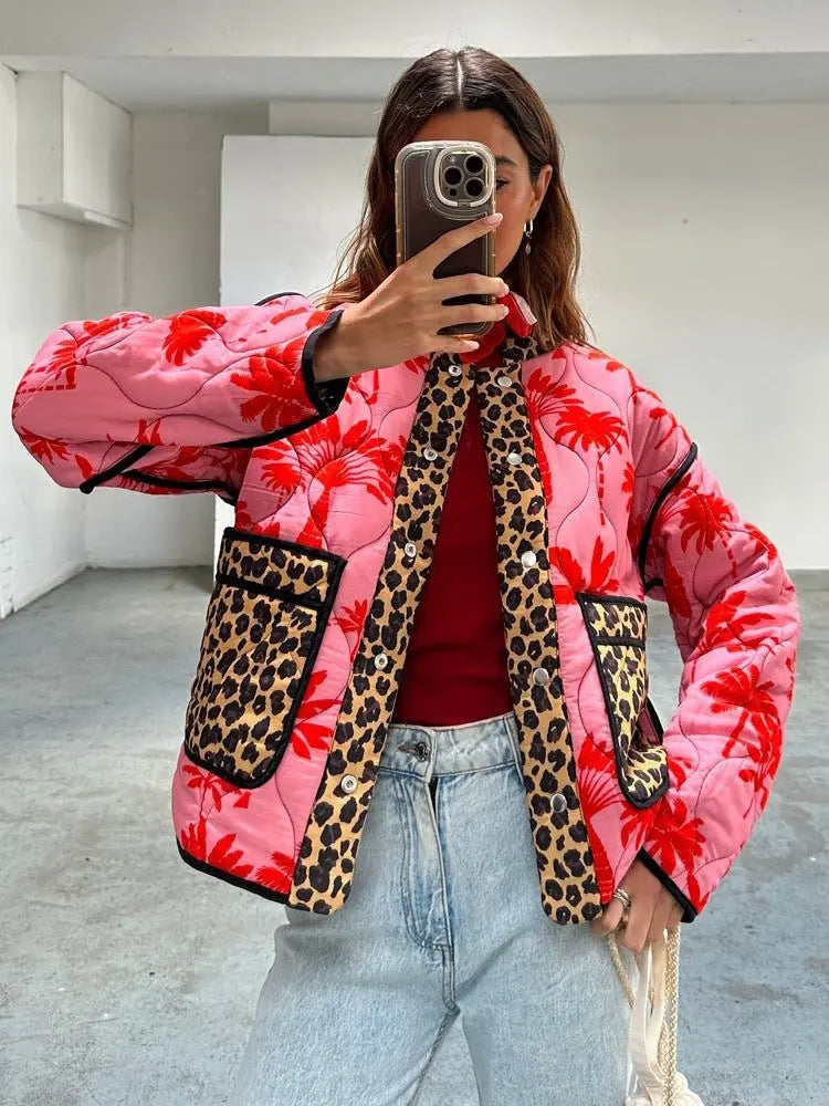 Stitching Printing Women's Cotton-padded Clothes Cotton Clothing Long Sleeve Stand Collar Fashion Personality 