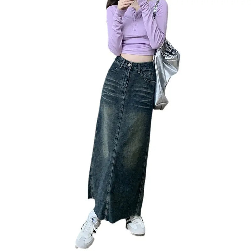 Retro High Waist Raw Hem Denim Skirt 