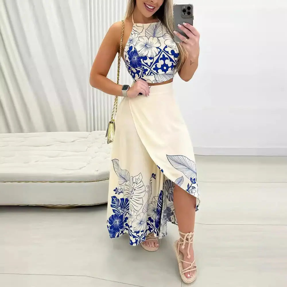 Tropical Printing Casual Women's Coat Skirt Suit 