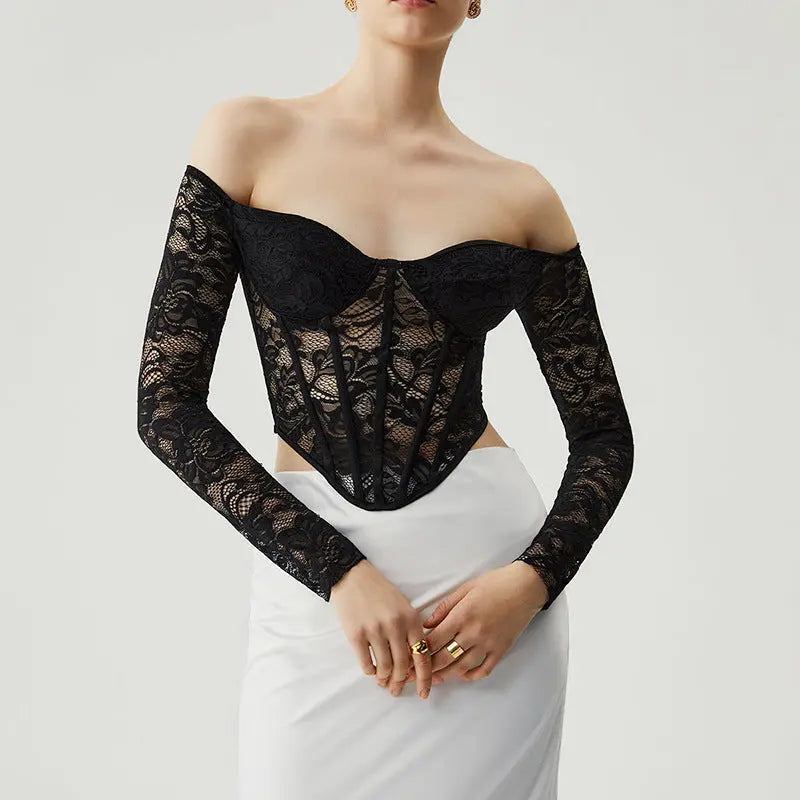 Translucent Off-shoulder Tube Top Lace Waist Long Sleeve Fishbone Corset 