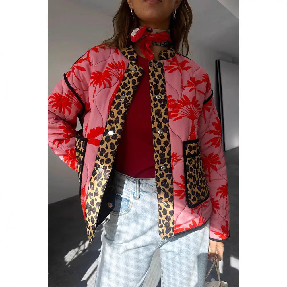Stitching Printing Women's Cotton-padded Clothes Cotton Clothing Long Sleeve Stand Collar Fashion Personality 