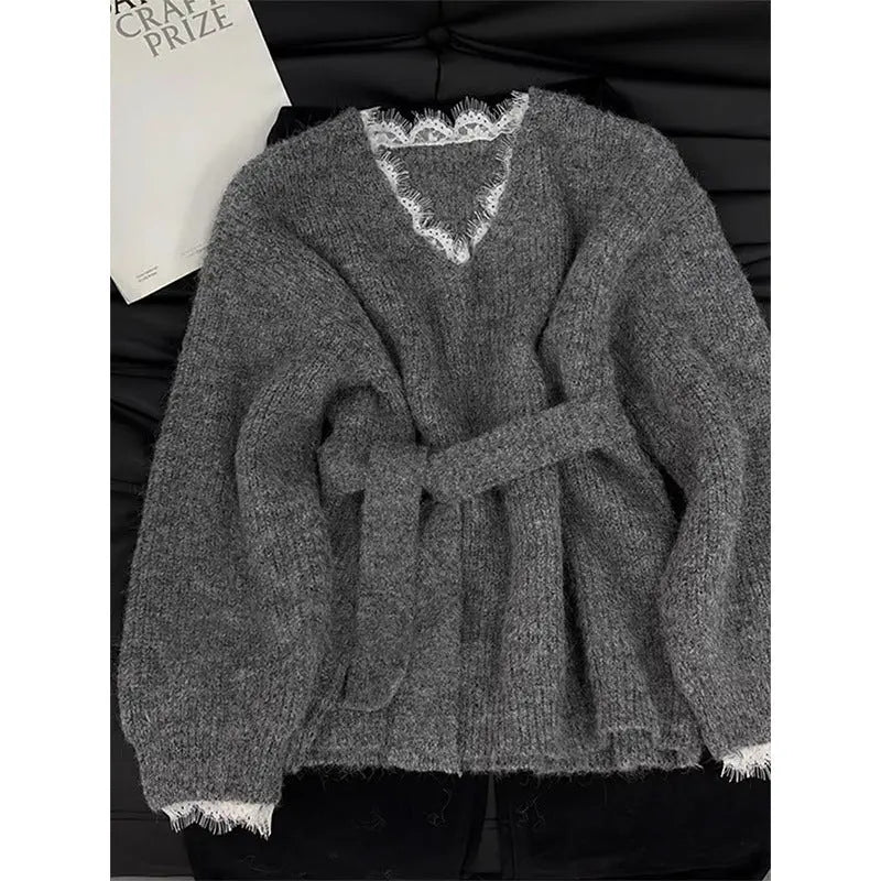 Patchwork Fake Two Pieces Pullover Gray Top 