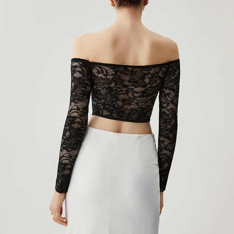 Translucent Off-shoulder Tube Top Lace Waist Long Sleeve Fishbone Corset 