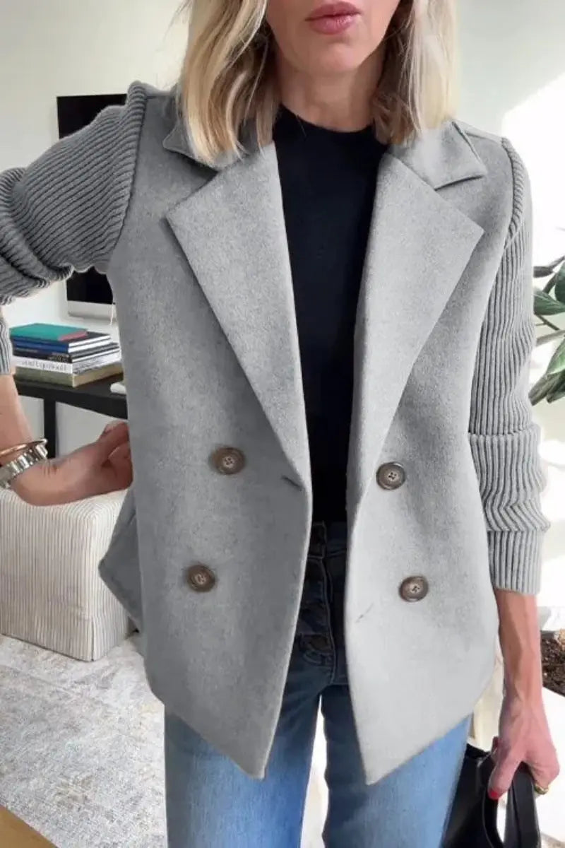 Double Breasted Lapel Jacket Fashion Knitted Sleeves Splicing Design Coat Outerwear Women's Clothing 
