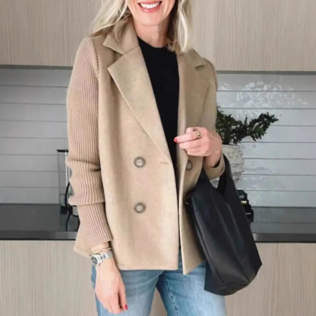 Double Breasted Lapel Jacket Fashion Knitted Sleeves Splicing Design Coat Outerwear Women's Clothing 