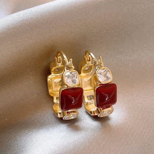 Women's Maillard Style Wine Red Square Earrings