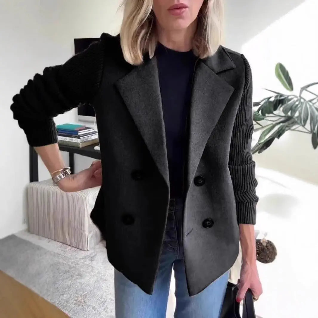 Double Breasted Lapel Jacket Fashion Knitted Sleeves Splicing Design Coat Outerwear Women's Clothing 