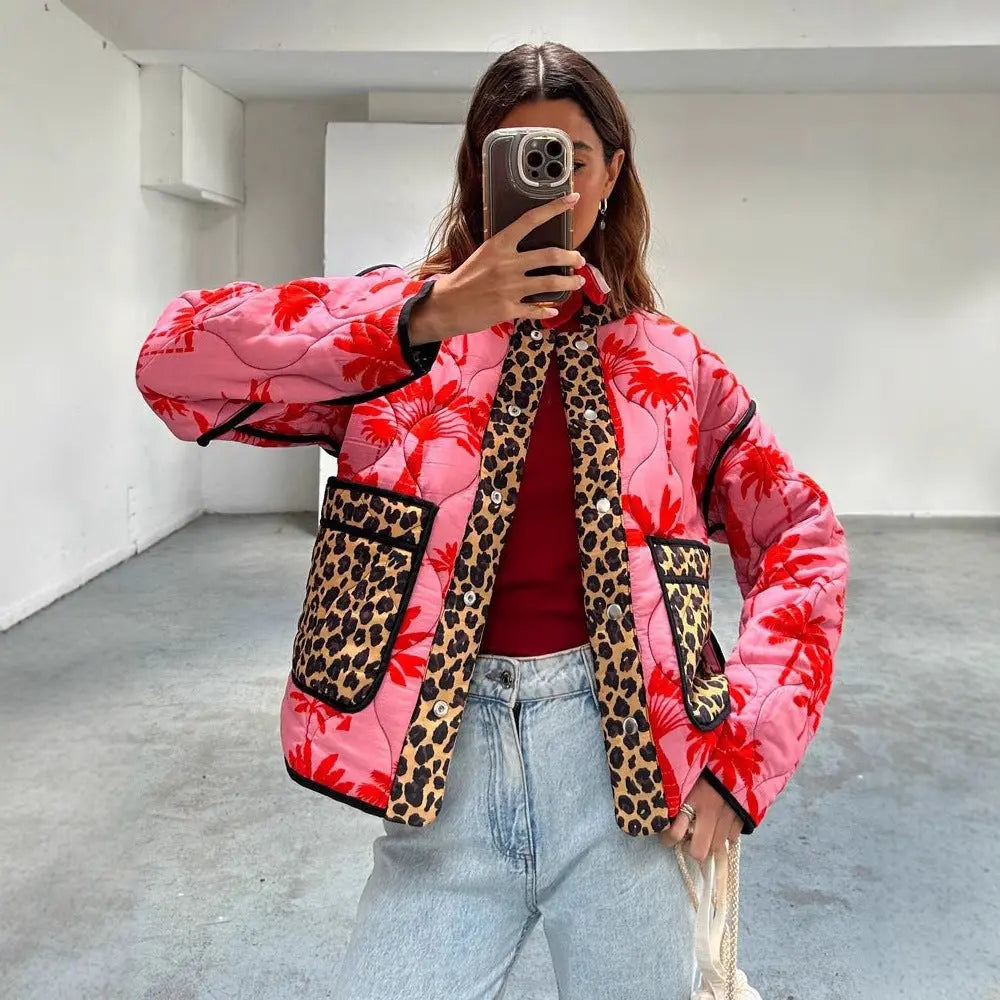 Stitching Printing Women's Cotton-padded Clothes Cotton Clothing Long Sleeve Stand Collar Fashion Personality 