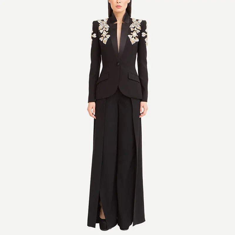 Exquisite Rhinestone Beaded Stand Collar Blazer Split Trousers Suit 