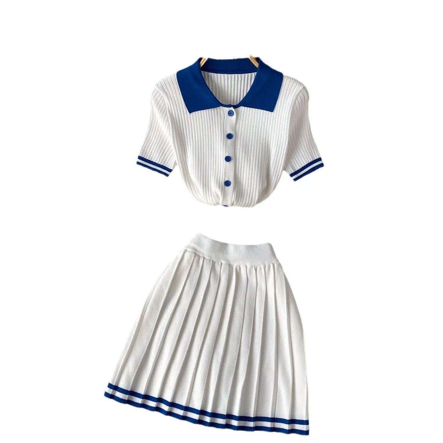 Short Sleeve Shirt Top High Waist Slimming Pleated Skirt Two-piece Set 