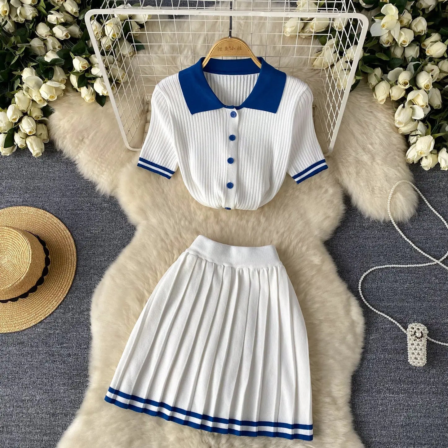 Short Sleeve Shirt Top High Waist Slimming Pleated Skirt Two-piece Set 