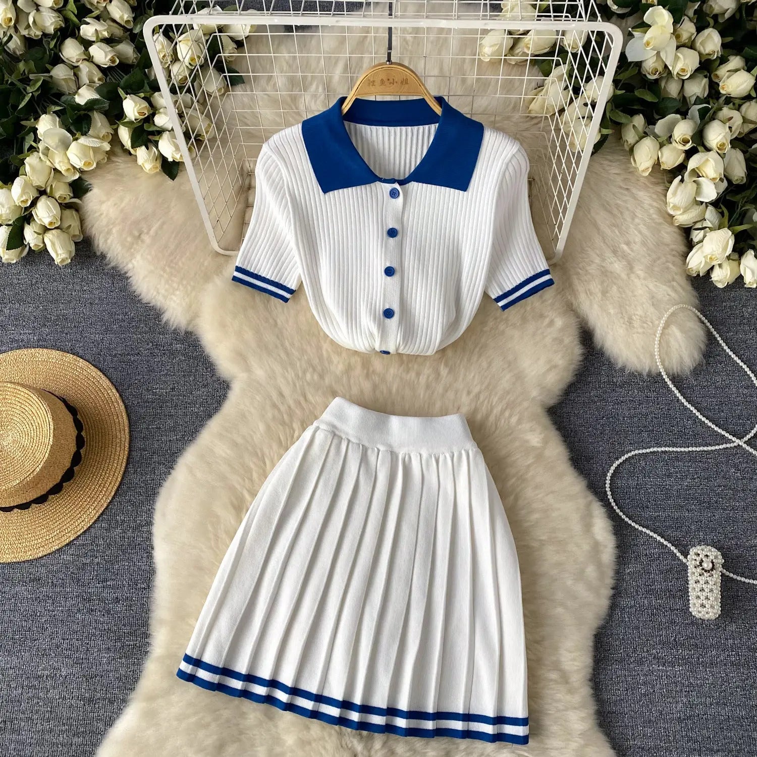 Short Sleeve Shirt Top High Waist Slimming Pleated Skirt Two-piece Set 