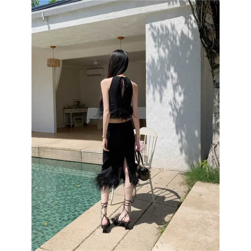 Halter Knitted Vest Women's Top Sheath Skirt Suit 