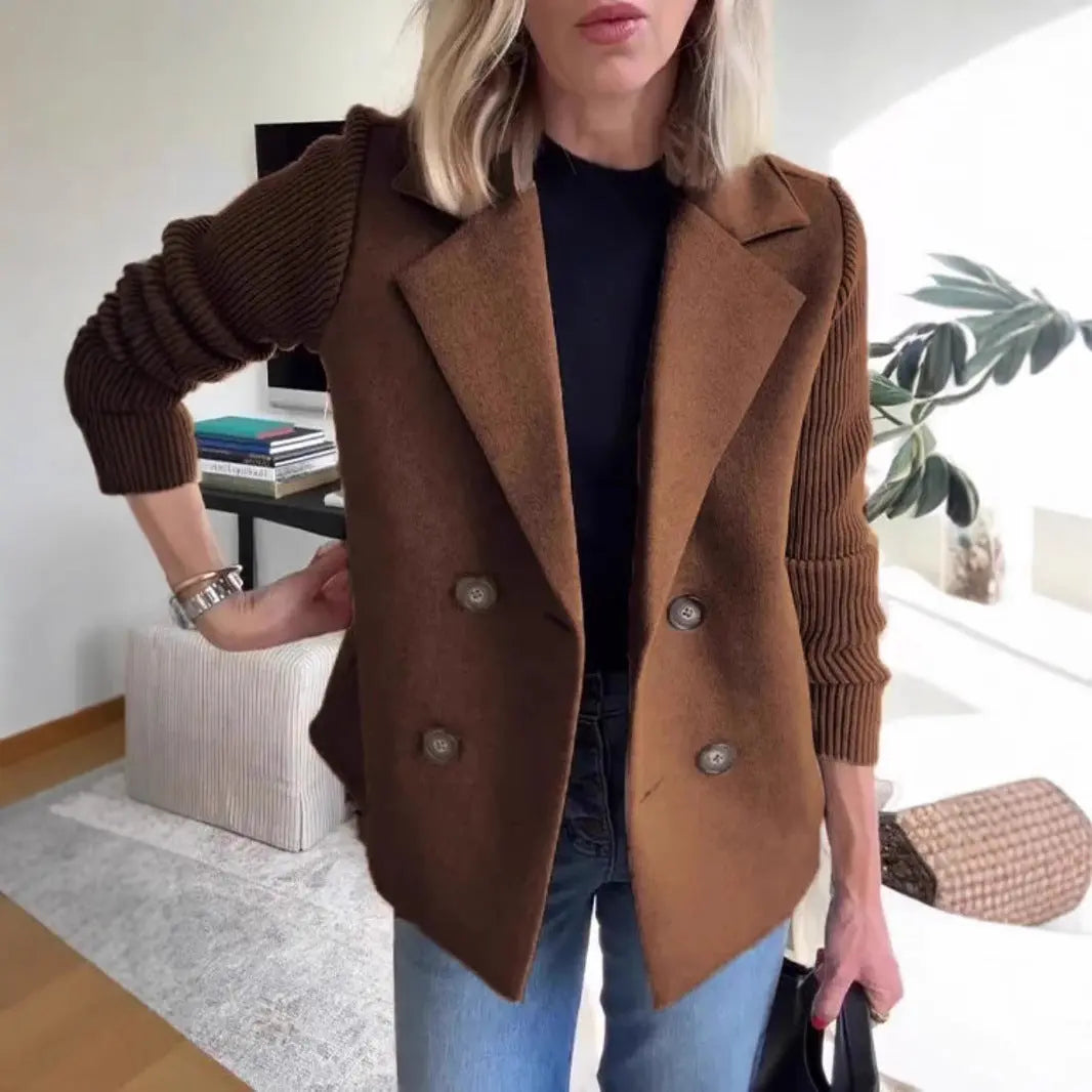 Double Breasted Lapel Jacket Fashion Knitted Sleeves Splicing Design Coat Outerwear Women's Clothing 