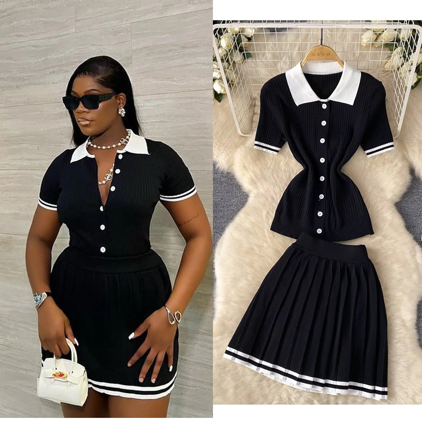 Short Sleeve Shirt Top High Waist Slimming Pleated Skirt Two-piece Set 