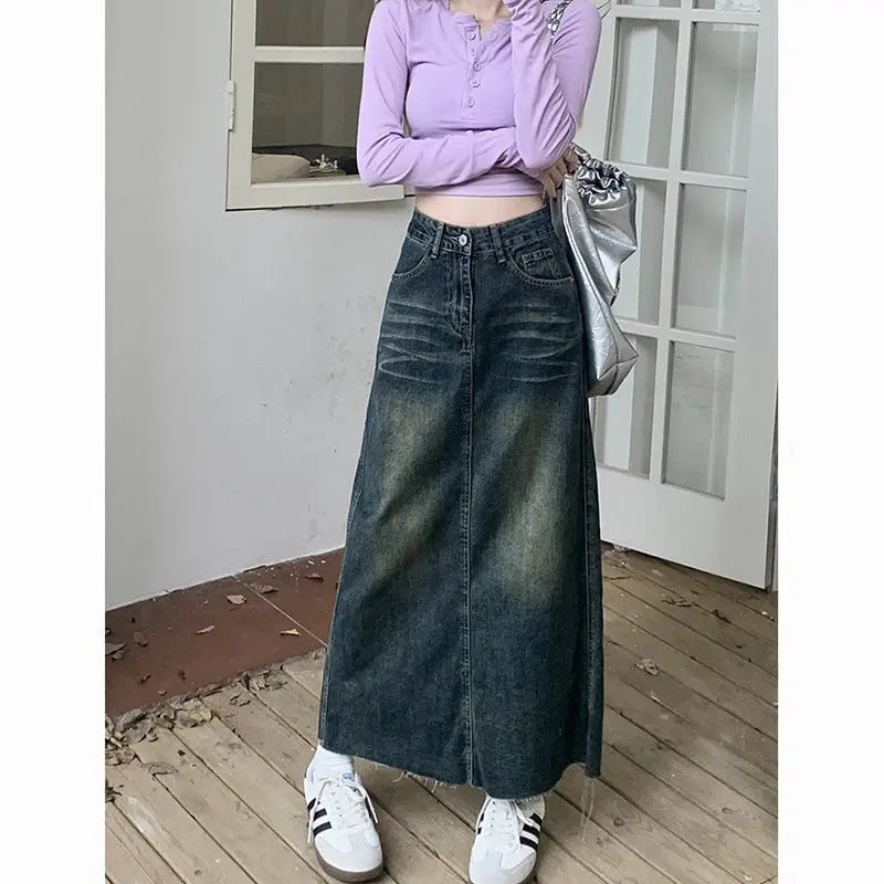 Retro High Waist Raw Hem Denim Skirt 