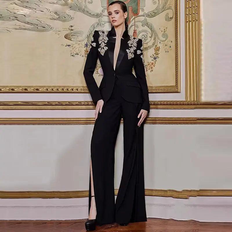 Exquisite Rhinestone Beaded Stand Collar Blazer Split Trousers Suit 