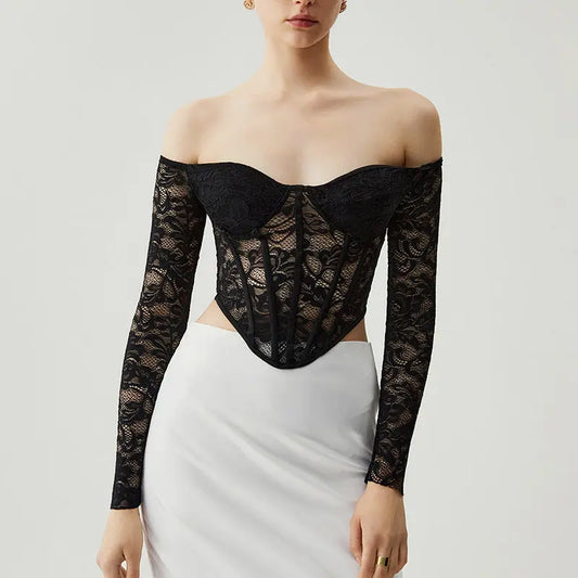 Translucent Off-shoulder Tube Top Lace Waist Long Sleeve Fishbone Corset 